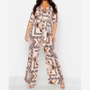 BooHoo Plus Slinky Chain Print Wide Leg Plunge Jumpsuit